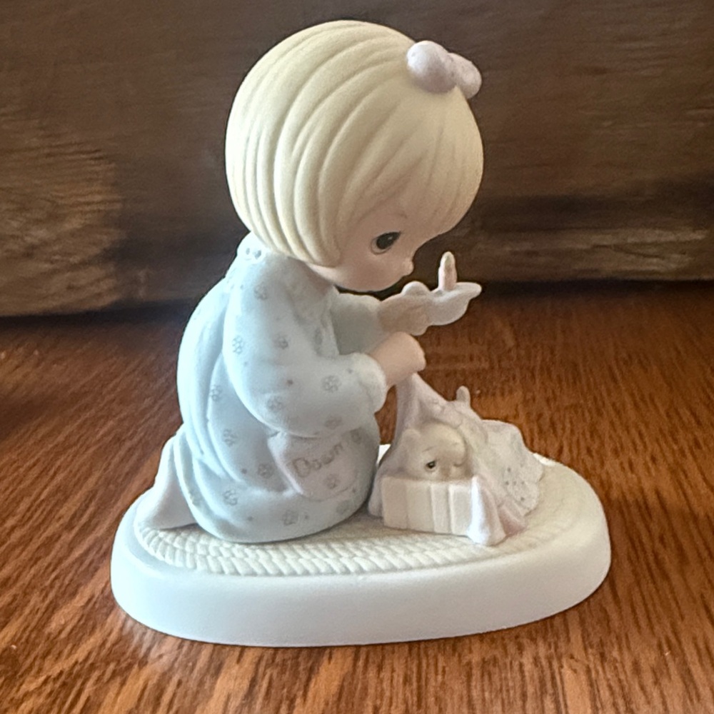 Precious Moments Blonde Girl Figurine in Pastel Blue and Cream